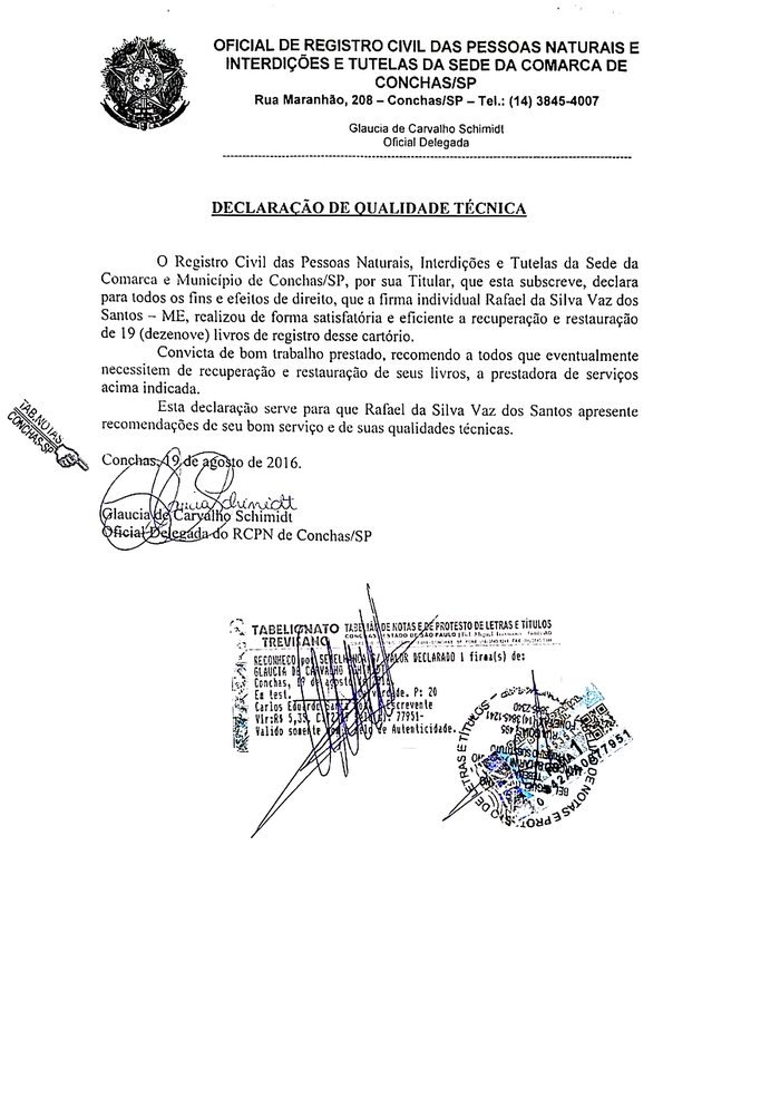 Declaração de qualidade técnica emitida pelo Registro Civil das Pessoas Naturais, Interdições e Tutelas da Comarca de Conchas, São Paulo, atestando a recuperação e restauração de 19 livros de registro